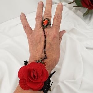 Black Lace and Rose Goth Ring/Bracelet Set